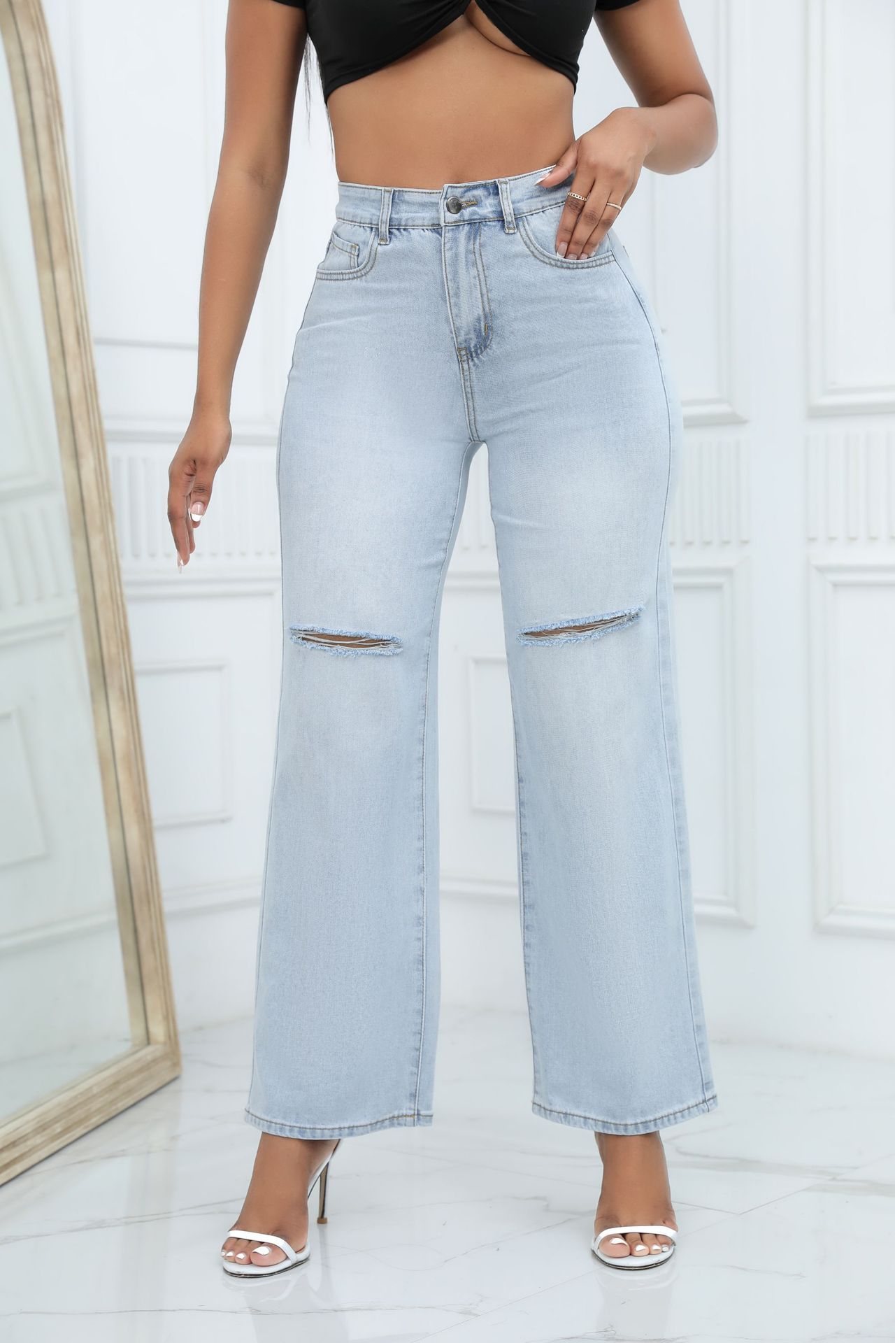 Elegant Ripped Wide-leg Jeans For Women