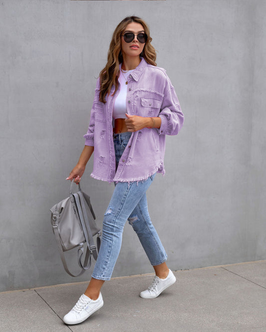 Fashion Ripped Shirt Jacket Female All Seasons Casual Tops