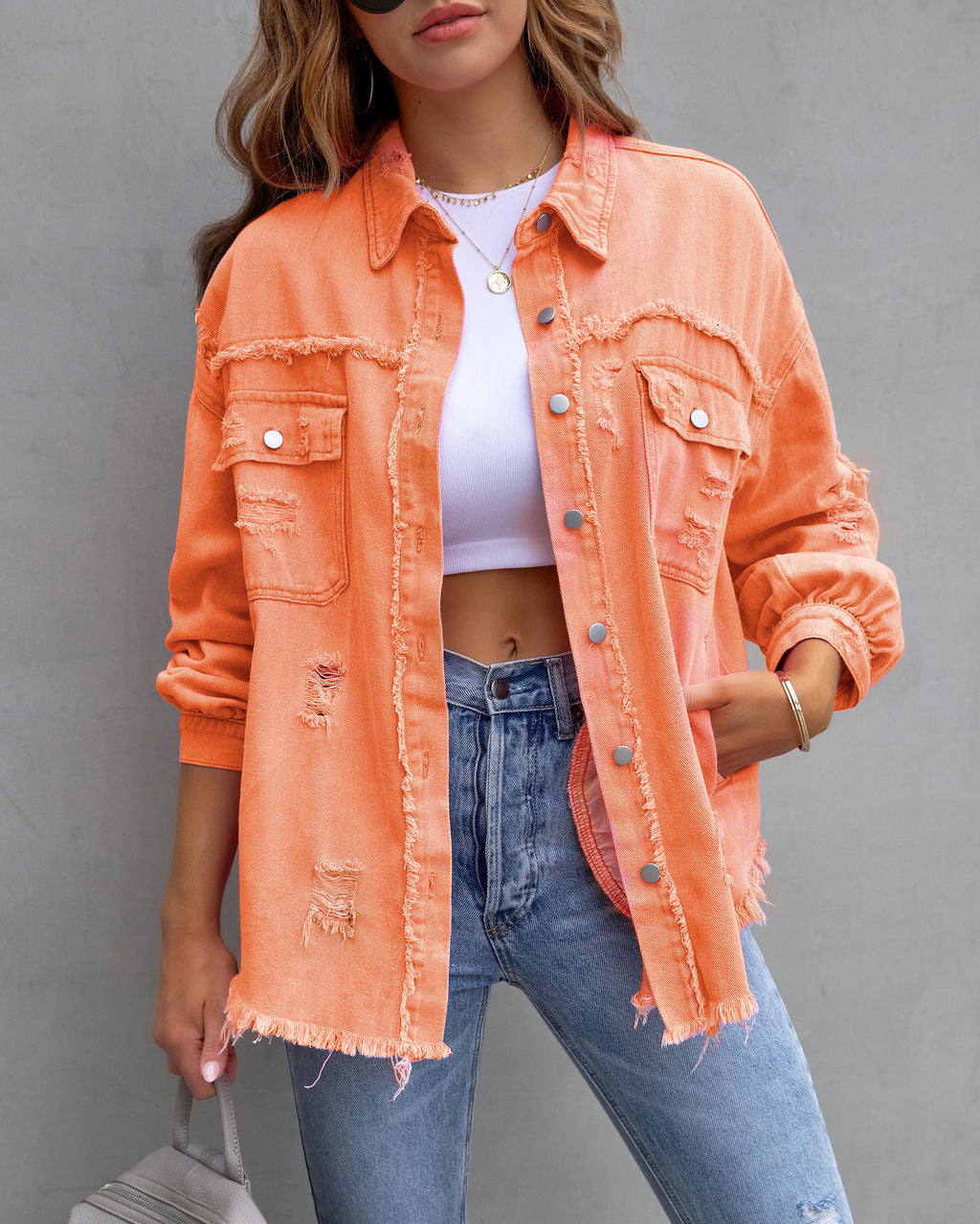 Fashion Ripped Shirt Jacket Female All Seasons Casual Tops