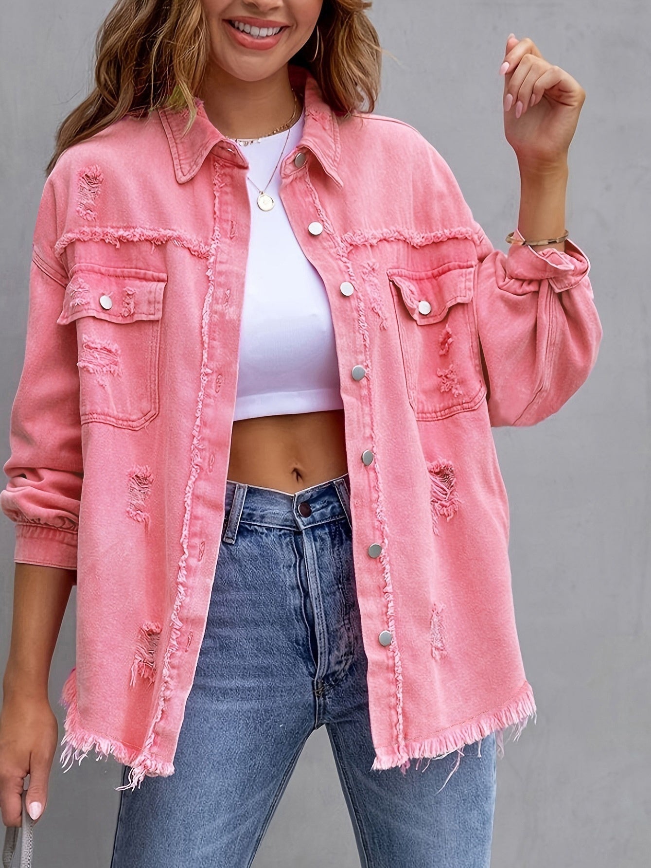 Fashion Ripped Shirt Jacket Female All Seasons Casual Tops