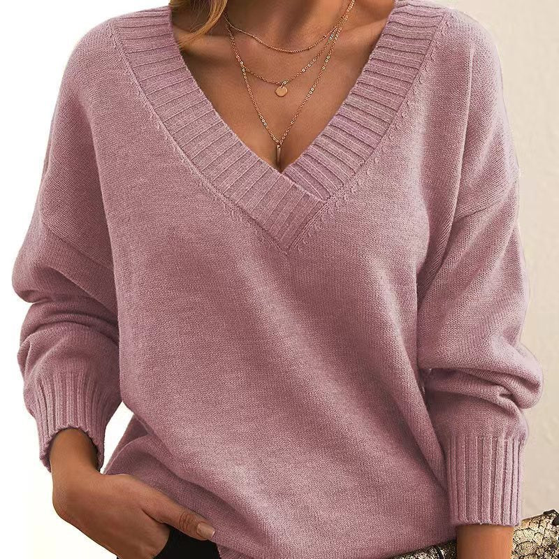 Solid V-neck Sweater Fashion Loose Long-sleeved Knitted Tops Autumn And Winter Women's Clothing