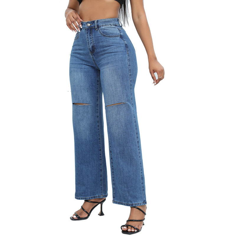 Elegant Ripped Wide-leg Jeans For Women