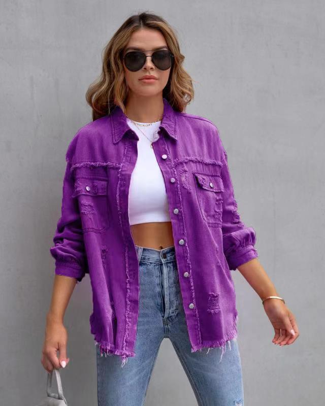 Fashion Ripped Shirt Jacket Female All Seasons Casual Tops
