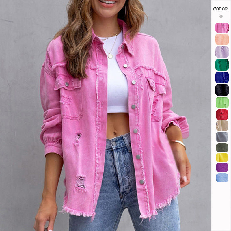 Fashion Ripped Shirt Jacket Female All Seasons Casual Tops