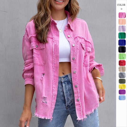 Fashion Ripped Shirt Jacket Female All Seasons Casual Tops