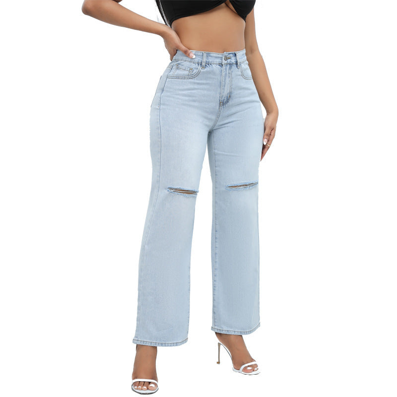 Elegant Ripped Wide-leg Jeans For Women
