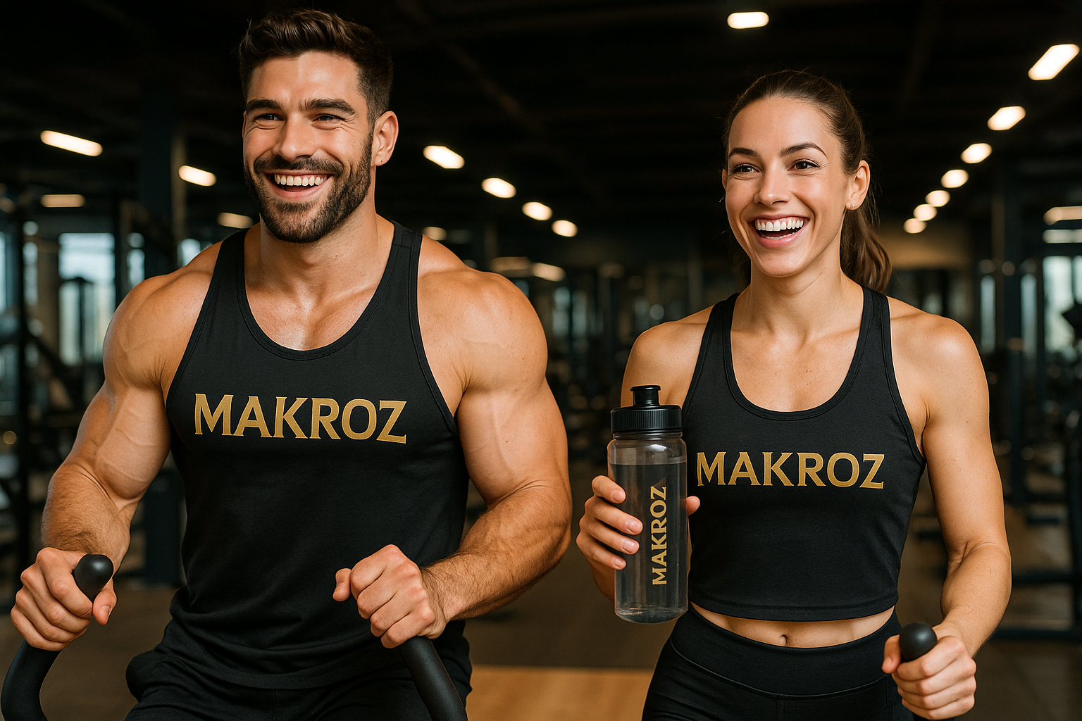 change only the girl's right hand and make her holding a water bottle with a brand "MAKROZ" on it.