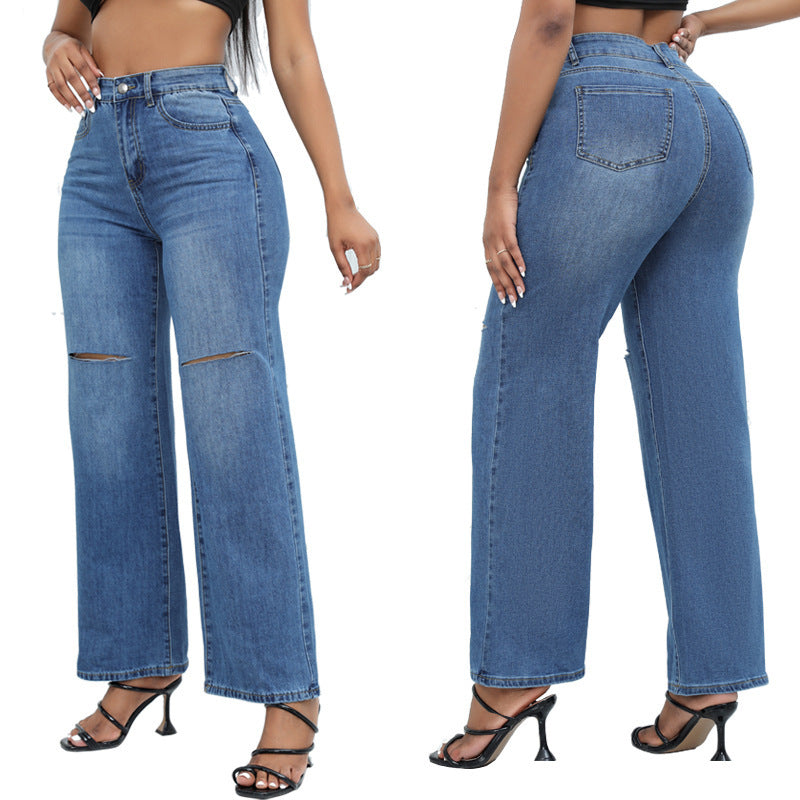 Elegant Ripped Wide-leg Jeans For Women