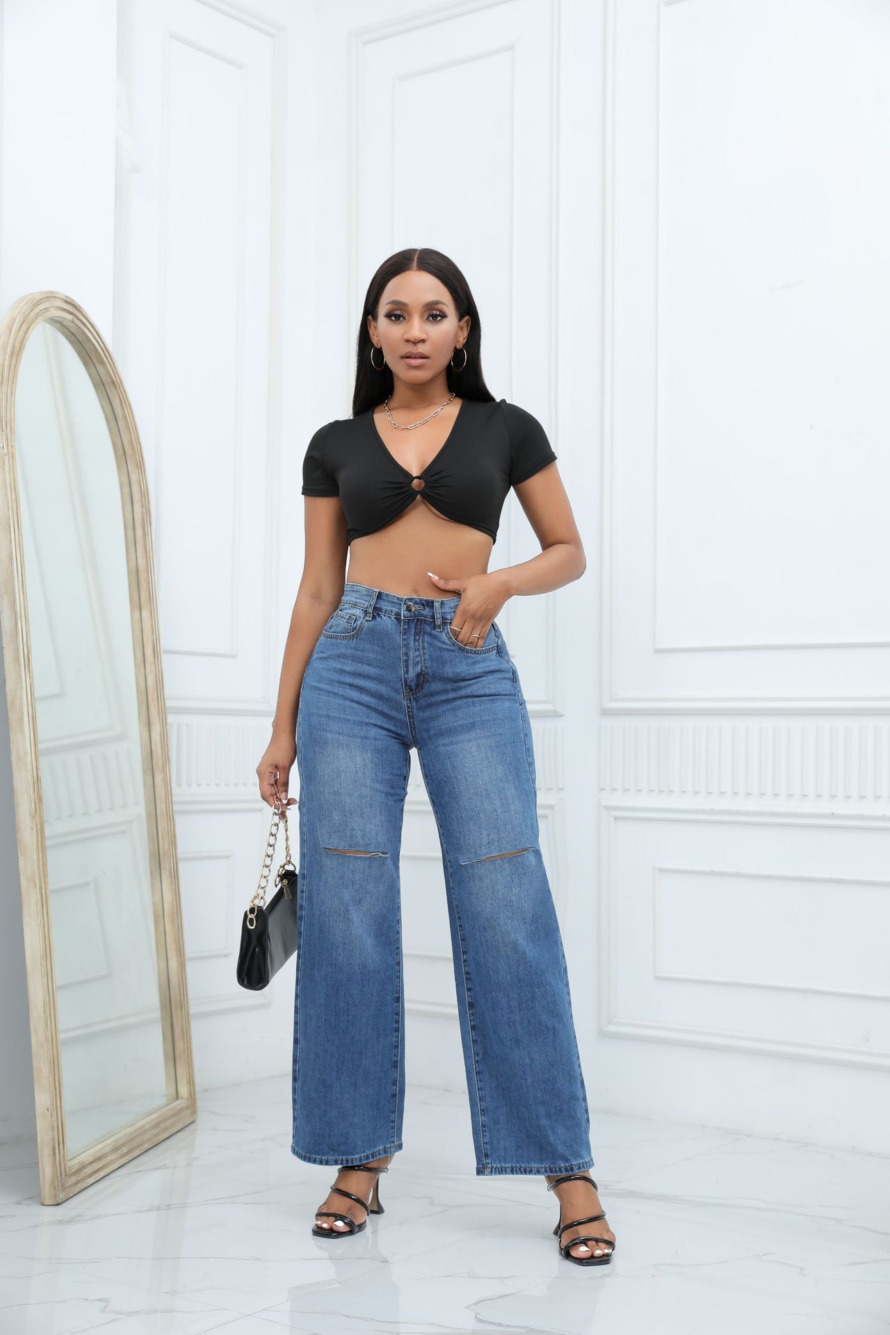 Elegant Ripped Wide-leg Jeans For Women